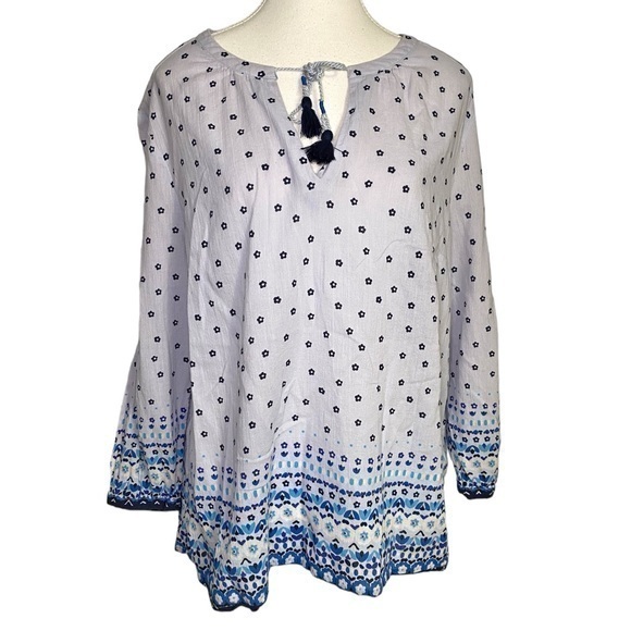 Boden Tops - Boden Blue Gauzy Cotton Floral Pullover Boho Tassel Peasant Blouse